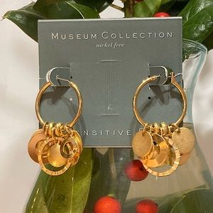 Museum Collection Sensitive Ears Hypo-allergenic Gold-tone hoop w/dangles 2" NEW